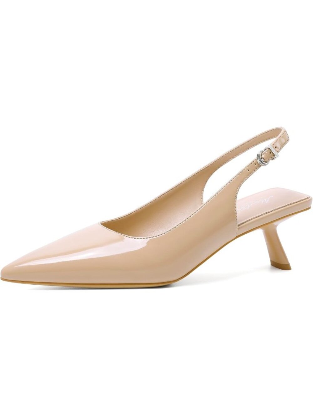 Women's Patent Nude Faux Leather Pointed Toe Low Heel Slingback with Buckle Pump